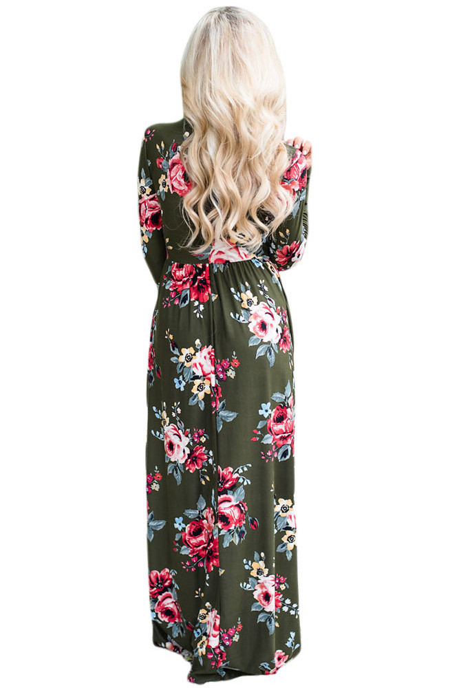 BY61772-9 Olive Floral Surplice Long Sleeve Maxi Boho Dress